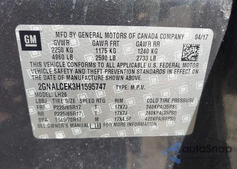 2017 Chevrolet Equinox Lt из США, поврежденный, VIN 2GNALCEK3H1595747